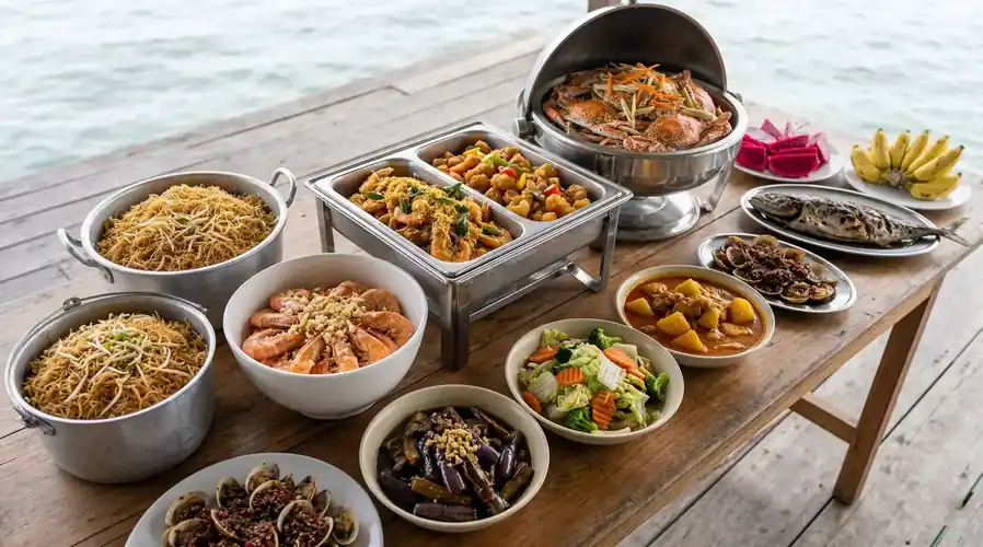 Selection of buffet meals for guest breakfast and dinner Sand Bay Resort