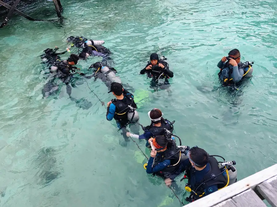 Group of scuba divers in the water near the resort Sand Bay Resort